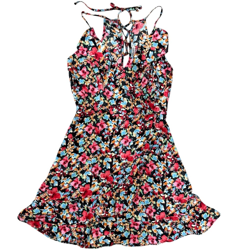 Zara Floral Ruffle Mini Dress Lace Up Back Summer Skater Size M - Picture 4 of 6